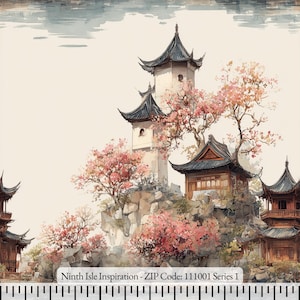 May include: Watercolor illustration of a traditional Asian landscape featuring pagodas, cherry blossom trees, and rocky terrain. The image has a soft color palette with the text "Ninth Isle Inspiration - ZIP Code: 111001 Series 1".