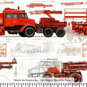 Fire Engine Blueprint Cotton Fabric by the Yard - NinthIsle Inspiration Exclusive Fun Art Bulk Order Available