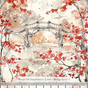Lover&#39;s Bridge Rayon Fabric by the Yard - NinthIsle Inspiration Exclusive Romantic Art Bulk Order Available