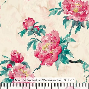 Watercolors Peony Rayon Fabric by the Yard - NinthIsle Inspiration Exclusive Elegant Art Bulk Order Available