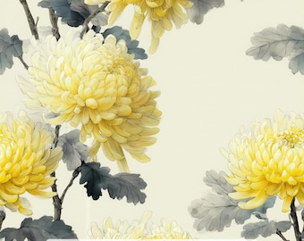 May include: A fabric design featuring large, yellow chrysanthemum flowers with gray-green leaves and branches against a cream background. The text "Ninth Isle Inspiration - Yellow Chrysanthemums Series 1" is visible at the bottom.