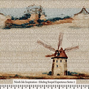 May include: A mosaic-style image featuring a windmill with brown blades and a red roof. The windmill is set against a backdrop of a landscape with hills and a blue sky. The text "Ninth Isle Inspiration - Efteling Soepel Experience Series 1" is at the bottom.