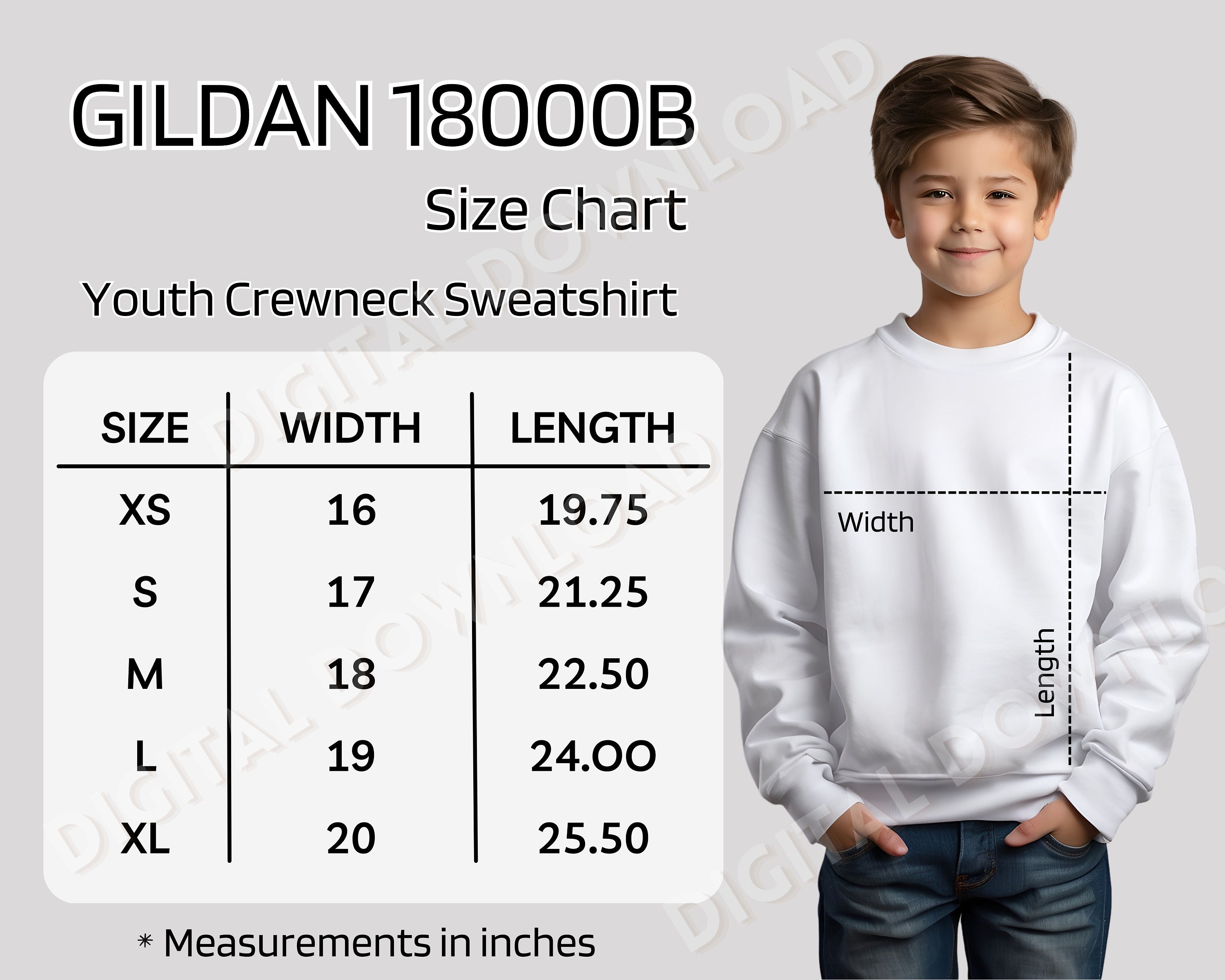 Gildan 18000B Size Chart Youth Crewneck Sweatshirt G18000B Size Chart Gildan Kids Size Chart Mockup Size Guide Sizing Chart G18000B. Etsy