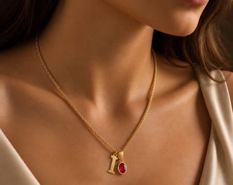 Ruby Initial Necklace, July Birthstone Necklace, July Birthday, Custom Initial Necklace, hypoallergenic necklace gold, pendent necklace,PVD