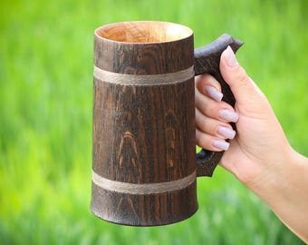 Handmade Oak Beer Mug: 600ml Wooden Tankard Gift
