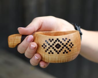 Handcrafted Kuksa Cup 6 oz Wooden Mug with Ethnic Ornament