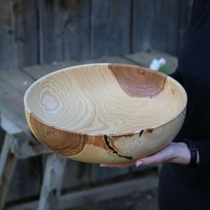 Decorative wooden bowl from ash wood – Large rustic fruit bowl 15&quot; x 4.75&quot;, natural cracked texture, handmade wood gift