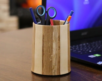 Handmade Oak Pen Holder: Wooden Desk Organizer