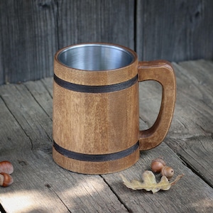 Handgemaakte houten bierpul: rustieke roestvrijstalen bierpul, 500 ml