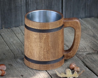 Handmade Wooden Beer Mug: Rustic Stainless Steel Tankard, 500ml