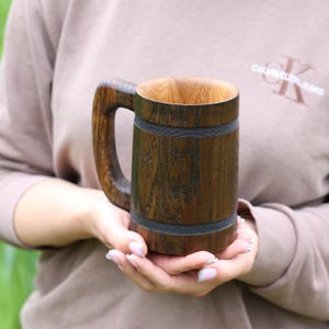Beer stein made from oak, standing upright.