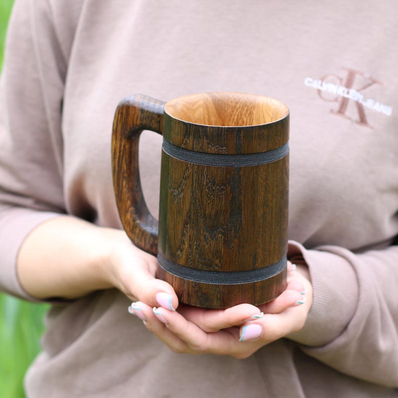 Beer stein made from oak, standing upright.