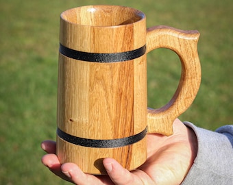 Handcrafted Light Oak Beer Mug 20 oz Rustic Wooden Tankard with Silk Thread Finish