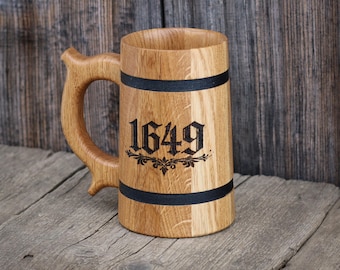 Oak Beer Stein 20 oz, Handmade Wooden Tankard, 1649 Design, Rustic Gift for Dad