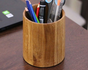 Porte-stylo en chêne fait main, organisateur de bureau fait main, porte-crayon en bois