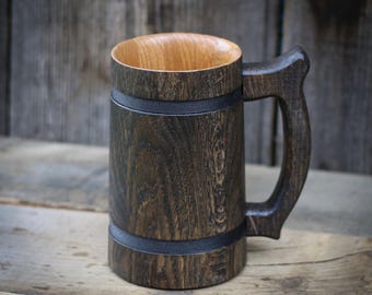 Handcrafted Oak Beer Mug 20 oz Rustic Wooden Tankard with Silk Thread Finish