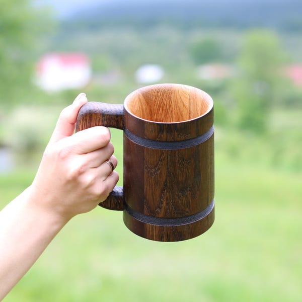 Handcrafted Oak Beer Mug: 20 oz Rustic Wooden Tankard