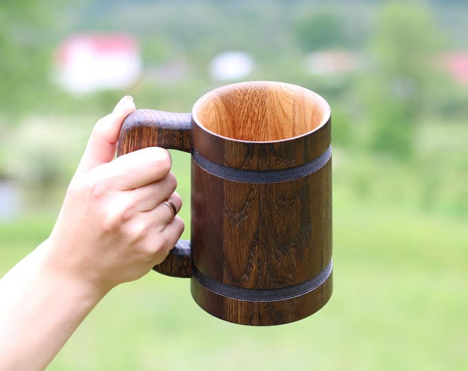 Handcrafted Oak Beer Mug: 20 oz Rustic Wooden Tankard