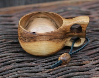 Walnut Wood Kuksa Cup 8.5oz 250ml, Hand Carved Camping Mug with Lanyard, Hiking Gift