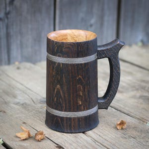 Handmade Oak Beer Mug 600ml – Dark Finish Wooden Tankard – Rustic Viking Style Gift for Him – Natural Oil Coated