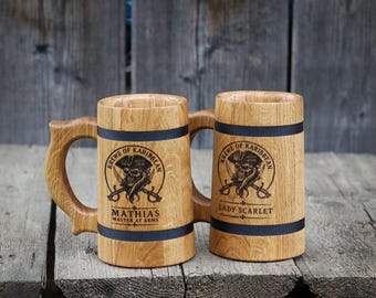 Personalized Oak Beer Mug Pair, Engraved 20 oz Wooden Tankards, Couples Wedding Gift