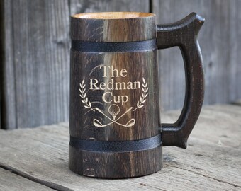 Personalized Oak Beer Mug, 20 oz Wooden Tankard, Custom Engraved Rustic Gift