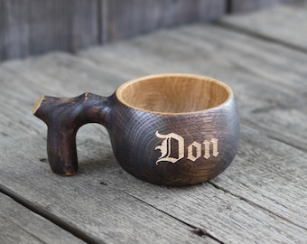 Solid Oak Kuksa Cup Personalized, Engraved Ebonized Wood Mug 8 oz, Nordic Camping Gift