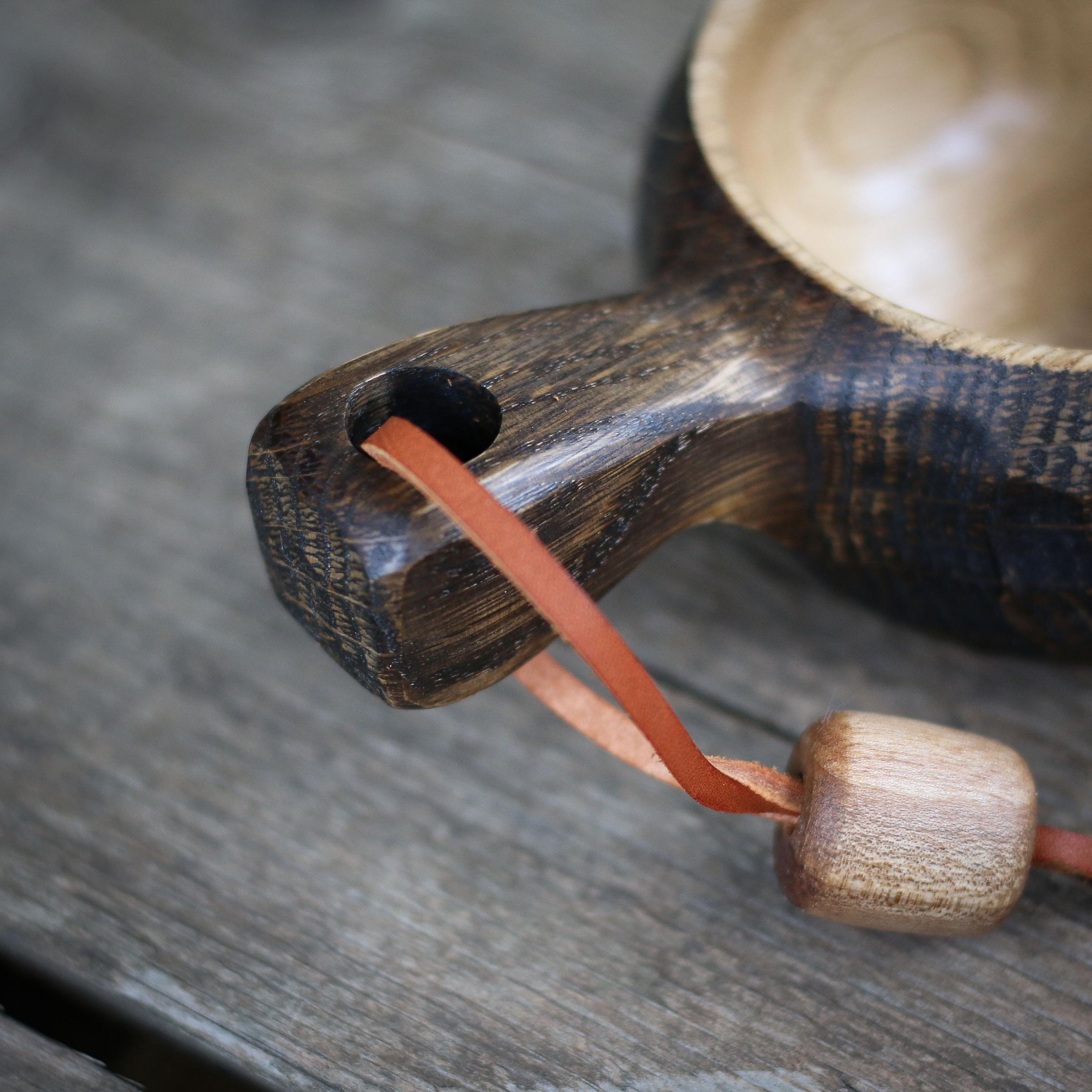 Handmade Oak Kuksa Cup: 5 Oz Carved Wooden Mug With Leather Strap