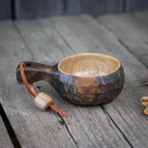 Handmade Oak Kuksa Cup: 5 oz Carved Wooden Mug with Leather Strap