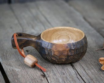 Taza Kuksa de roble hecha a mano: taza de madera tallada de 5 oz con correa de cuero