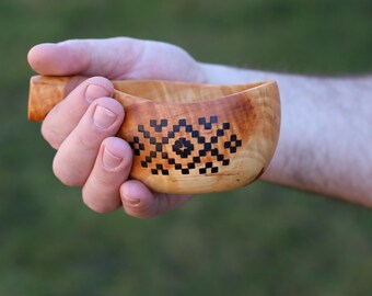 Handmade Cherry Wood Kuksa  Burned Ukrainian Design, Leather Handle