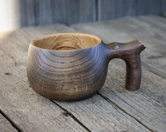 Personalized Oak Kuksa Cup, Ebonized Wood Mug, Nordic Style, 8 oz Camping Drinkware