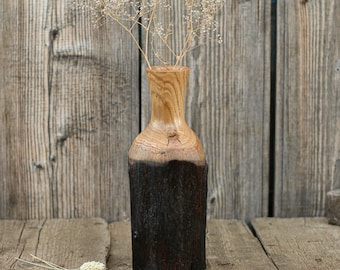 Oak Wood Vase for Dried Flowers, Handmade Rustic Bottle Shape Decor, 11 Inch