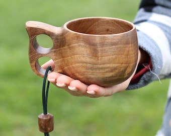 Handmade Walnut Wood Cup: Rustic Camp Coffee Mug with Leather Loop