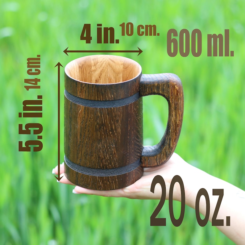 Wooden tankard with smooth interior and sturdy handle.