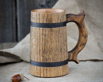 Handcrafted Oak Beer Stein: Rustic Wooden Mug, Beeswax Finish (20oz)