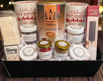 Deluxe Hot Cocoa Kit Gift Basket with Gourmet Chocolate, Artisan Marshmallows Upscale Mugs & Accessories