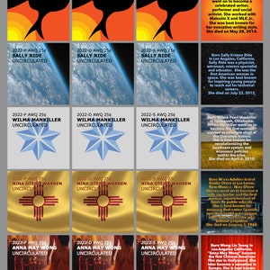 May include: A collage of 2022-dated US quarter coins featuring portraits of Maya Angelou, Sally Ride, Wilma Mankiller, Nina Otero Warren, and Anna May Wong. Each coin is surrounded by a colorful background and a short biography of the featured person.