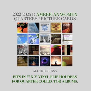 Puede incluir: Un conjunto de 20 tarjetas ilustradas con las monedas estadounidenses de mujeres de 2022-2025. Las tarjetas están diseñadas para encajar en protectores de vinilo de 5,08 cm x 5,08 cm para álbumes de coleccionista de monedas. Imágenes de Maya Angelou.