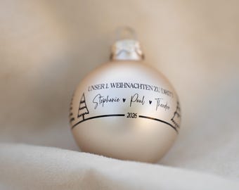 Personalized glass Christmas tree ornament, 6 cm | Our first Christmas as a family of three | Engraved glass ornament with your desired text