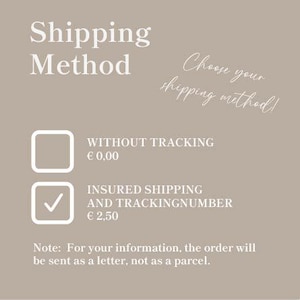 May include: A beige graphic with the words "Shipping Method" at the top. Below are two options: "Without Tracking" and "Insured Shipping and Tracking Number." The text "Choose your shipping method!" is also present.