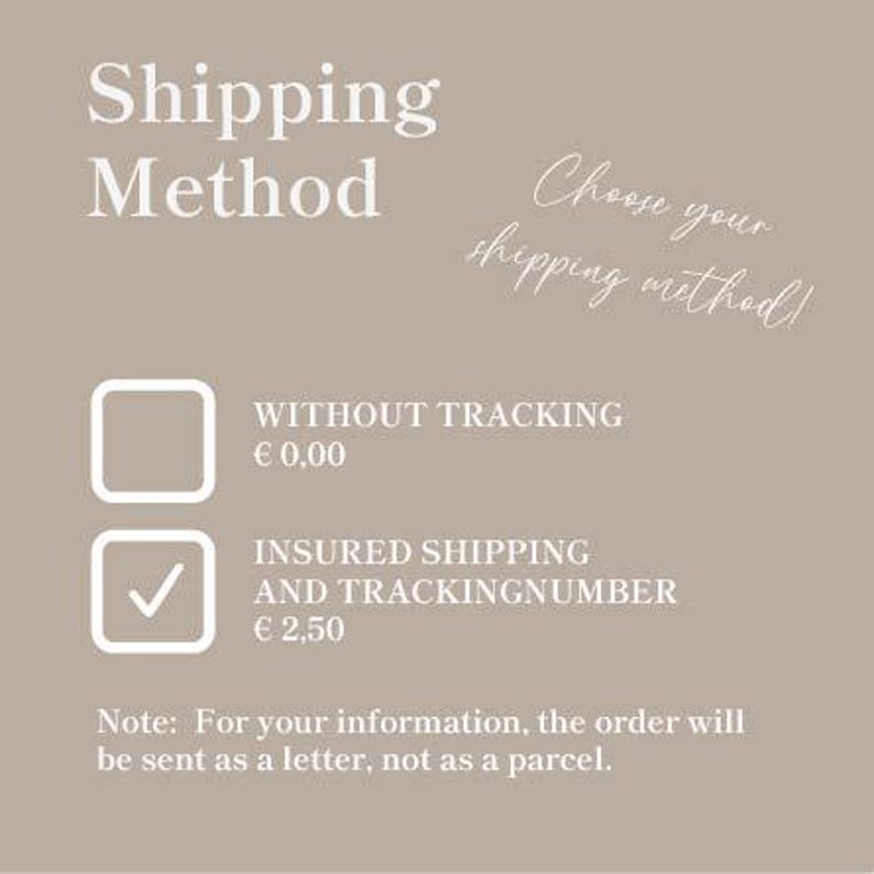 May include: A beige graphic with the words "Shipping Method" at the top. Below are two options: "Without Tracking" and "Insured Shipping and Tracking Number." The text "Choose your shipping method!" is also present.