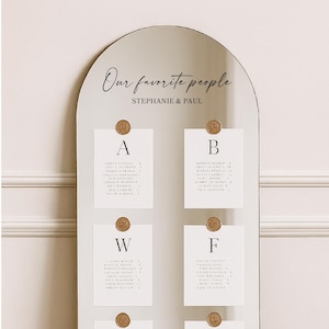 May include: A mirrored seating chart with an arched top. The text "Our favorite people" and "Stephanie & Paul" are written in elegant script. White cards with guest names are affixed with gold wax seals.