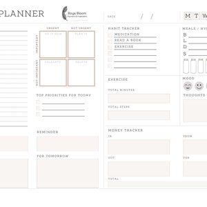 May include: A daily planner with a schedule, habit tracker, exercise log, money tracker, and mood tracker. The planner has sections for top priorities, reminders, and notes.