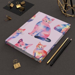 Carnet cartonné Chats arc-en-ciel | Journal coloré pour chat, cadeau mignon pour amoureux des chats, carnet d'écriture créative, carnet chat, journal aquarelle chat