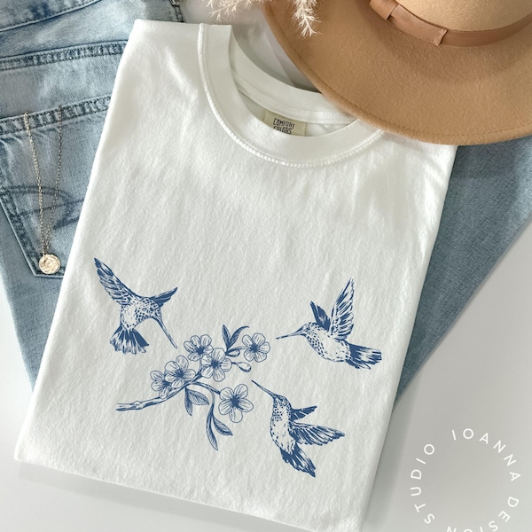Hummingbird Comfort Colors Shirt Botanical Bird Lover T-shirt Elegant Floral Nature lover Trendy Cute tee Birthday gift for women