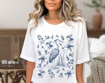 Great Blue Heron Bird Lover tshirt Nature lover floral Botanical shirt Birdwatching gifts for Mom Gifts for girlfriend Mothers day gift