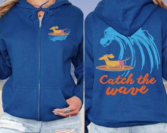 Retro Dachshund Surfing Zip Hoodie Coastal Beach Surf Sweatshirt Ocean Lover California Streetwear Gift for Dog Mom Dad