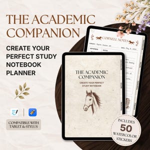Könnte beinhalten: Ein digitaler akademischer Planer auf zwei Tablets mit einer Pferdeillustration und dem Text "THE ACADEMIC COMPANION" und "CORNELL NOTES". Der Planer enthält Registerkarten für Notizen und Tracker sowie ein kreisförmiges Abzeichen mit 50 enthaltenen Aquarellaufklebern.