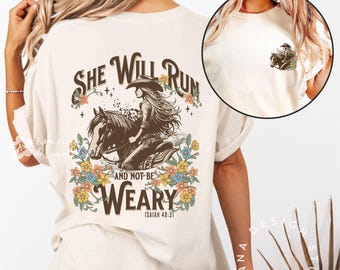 Christian Faith Cowgirl T-Shirt Western Bible Verse Floral Comfort Colors Horse Lover Scripture Cowboy Shirt Gift for Women Daughter